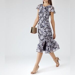 REISS Gin Floral Midi Dress Flutter Sleeve Size 4
